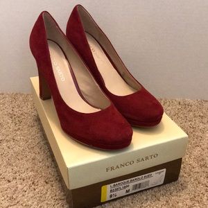 Franco Sarto classic red, suede platform heels